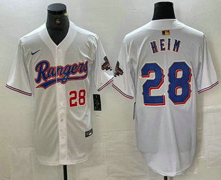 Men's Texas Rangers #28 Jonah Heim Number White 2023 World Series Champions Cool Base Jersey 13