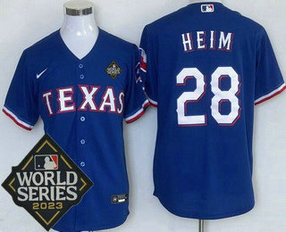 Men's Texas Rangers #28 Jonah Heim Royal Team Logo 2023 World Series Cool Base Jersey