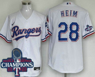 Men's Texas Rangers #28 Jonah Heim White Team Logo 2023 World Series Champions Cool Base Jersey