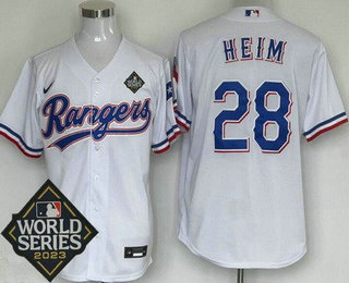 Men's Texas Rangers #28 Jonah Heim White Team Logo 2023 World Series Cool Base Jersey