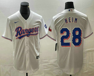 Men's Texas Rangers #28 Jonah Heim White Team Logo Cool Base Jersey