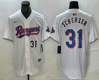 Men's Texas Rangers #31 Max Scherzer Number White 2023 World Series Champions Cool Base Jersey 11