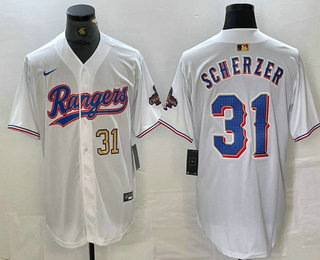 Men's Texas Rangers #31 Max Scherzer Number White 2023 World Series Champions Cool Base Jersey 12