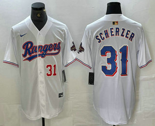 Men's Texas Rangers #31 Max Scherzer Number White 2023 World Series Champions Cool Base Jersey 13