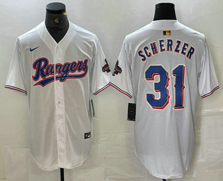 Men's Texas Rangers #31 Max Scherzer White 2023 World Series Champions Cool Base Jersey 11