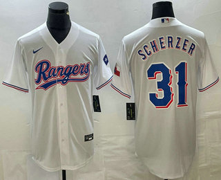 Men's Texas Rangers #31 Max Scherzer White Team Logo Stitched Cool Base Nike Jersey