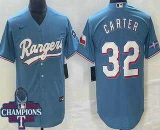 Men's Texas Rangers #32 Evan Carter Light Blue Team Logo 2023 World Series Champions Cool Base Jersey