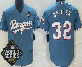 Men's Texas Rangers #32 Evan Carter Light Blue Team Logo 2023 World Series Cool Base Jersey