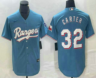 Men's Texas Rangers #32 Evan Carter Light Blue Team Logo Cool Base Jersey