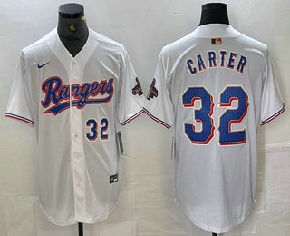 Men's Texas Rangers #32 Evan Carter Number White 2023 World Series Champions Cool Base Jersey 11