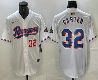 Men's Texas Rangers #32 Evan Carter Number White 2023 World Series Champions Cool Base Jersey 12