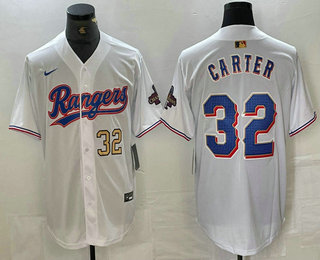 Men's Texas Rangers #32 Evan Carter Number White 2023 World Series Champions Cool Base Jersey 13