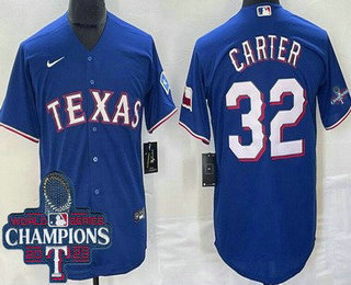 Men's Texas Rangers #32 Evan Carter Royal Team Logo 2023 World Series Champions Cool Base Jersey