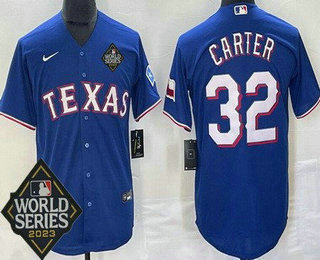 Men's Texas Rangers #32 Evan Carter Royal Team Logo 2023 World Series Cool Base Jersey