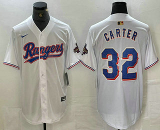 Men's Texas Rangers #32 Evan Carter White 2023 World Series Champions Cool Base Jersey 11