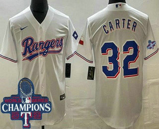 Men's Texas Rangers #32 Evan Carter White Team Logo 2023 World Series Champions Cool Base Jersey