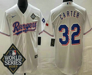 Men's Texas Rangers #32 Evan Carter White Team Logo 2023 World Series Cool Base Jersey