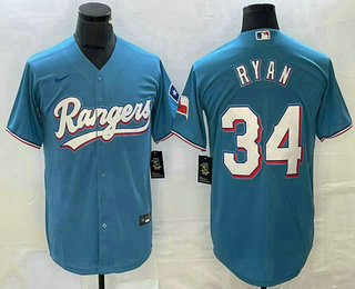 Men's Texas Rangers #34 Nolan Ryan Light Blue Team Logo Cool Base Jersey