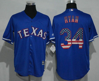 Men's Texas Rangers #34 Nolan Ryan Retired Royal Blue Stitched MLB USA Flag Fashion Jersey