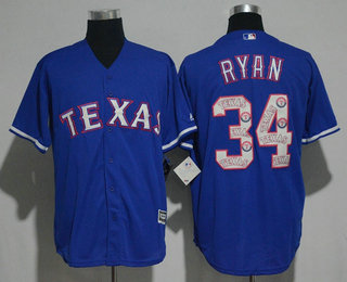 Men's Texas Rangers #34 Nolan Ryan Retired Royal Blue Team Logo Ornamented Stitched MLB Majestic Cool Base Jersey