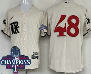 Men's Texas Rangers #48 Jacob deGrom Cream City 2023 World Series Champions Cool Base Jersey