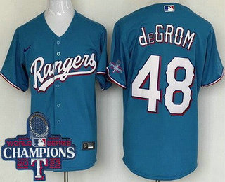 Men's Texas Rangers #48 Jacob deGrom Light Blue 2023 World Series Champions Cool Base Jersey