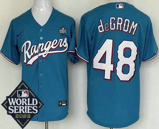 Men's Texas Rangers #48 Jacob deGrom Light Blue 2023 World Series Cool Base Jersey