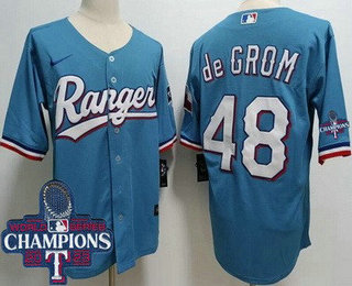 Men's Texas Rangers #48 Jacob deGrom Light Blue Team Logo 2023 World Series Champions Cool Base Jersey