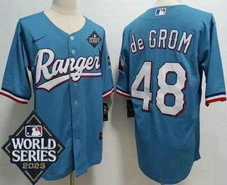 Men's Texas Rangers #48 Jacob deGrom Light Blue Team Logo 2023 World Series Cool Base Jersey