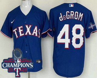 Men's Texas Rangers #48 Jacob deGrom Royal 2023 World Series Champions Cool Base Jersey