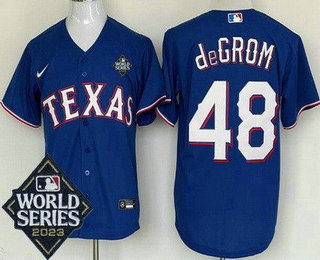 Men's Texas Rangers #48 Jacob deGrom Royal 2023 World Series Cool Base Jersey