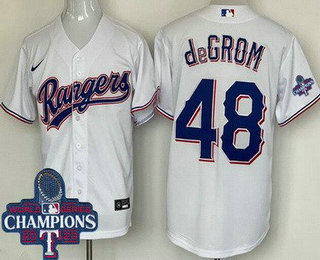 Men's Texas Rangers #48 Jacob deGrom White 2023 World Series Champions Cool Base Jersey