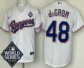 Men's Texas Rangers #48 Jacob deGrom White 2023 World Series Cool Base Jersey