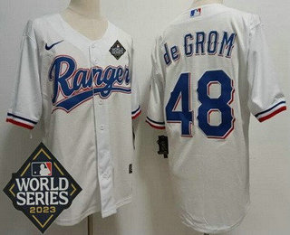 Men's Texas Rangers #48 Jacob deGrom White Team Logo 2023 World Series Cool Base Jersey