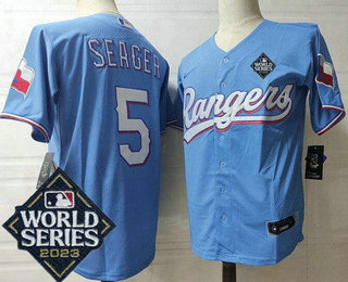 Men's Texas Rangers #5 Corey Seager Light Blue Team Logo 2023 World Series Cool Base Jersey