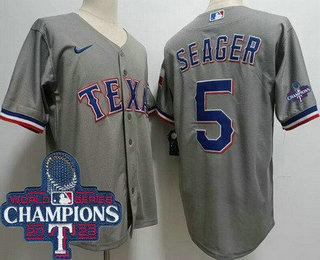 Men's Texas Rangers #5 Corey Seager Light Gray Team Logo 2023 World Series Champions Cool Base Jersey