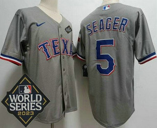 Men's Texas Rangers #5 Corey Seager Light Gray Team Logo 2023 World Series Cool Base Jersey