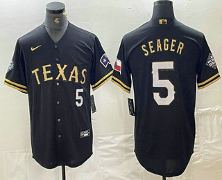 Men's Texas Rangers #5 Corey Seager Number Black Gold Cool Base Stitched Baseball Jersey