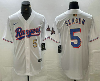 Men's Texas Rangers #5 Corey Seager Number White 2023 World Series Champions Cool Base Jersey 11