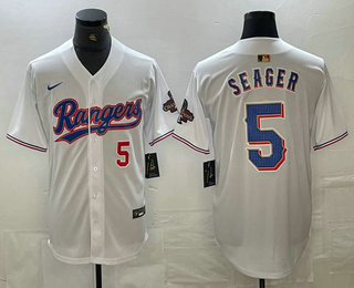 Men's Texas Rangers #5 Corey Seager Number White 2023 World Series Champions Cool Base Jersey 12