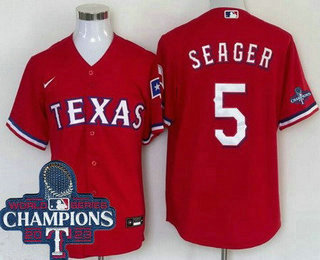 Men's Texas Rangers #5 Corey Seager Red Team Logo 2023 World Series Champions Cool Base Jersey