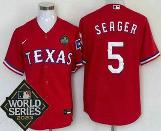 Men's Texas Rangers #5 Corey Seager Red Team Logo 2023 World Series Cool Base Jersey
