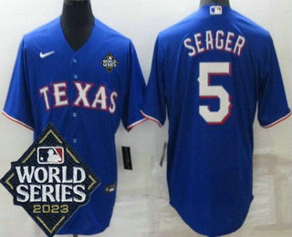 Men's Texas Rangers #5 Corey Seager Royal 2023 World Series Cool Base Jersey