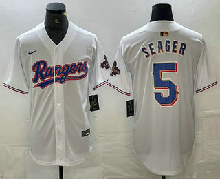 Men's Texas Rangers #5 Corey Seager White 2023 World Series Champions Cool Base Jersey 11