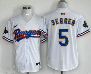 Men's Texas Rangers #5 Corey Seager White 2024 Gold Collection Limited Cool Base Jersey
