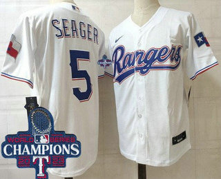 Men's Texas Rangers #5 Corey Seager White Team Logo 2023 World Series Champions Cool Base Jersey