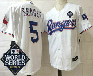 Men's Texas Rangers #5 Corey Seager White Team Logo 2023 World Series Cool Base Jersey