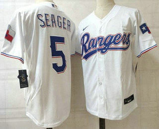 Men's Texas Rangers #5 Corey Seager White Team Logo Stitched Cool Base Nike Jersey