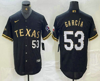 Men's Texas Rangers #53 Adolis Garcia Black Gold Cool Base Stitched Baseball Jersey
