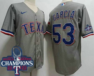 Men's Texas Rangers #53 Adolis Garcia Gray Team Logo 2023 World Series Champions Cool Base Jersey